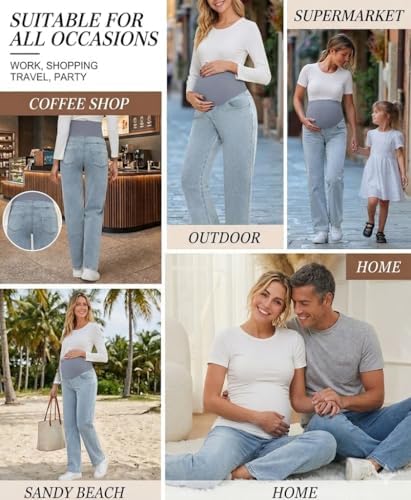 fitglam Women's Maternity Jeans Straight Leg Relaxed Fit Over Belly Pregnancy Denim Work Pants Maternity Clothes with Pockets
