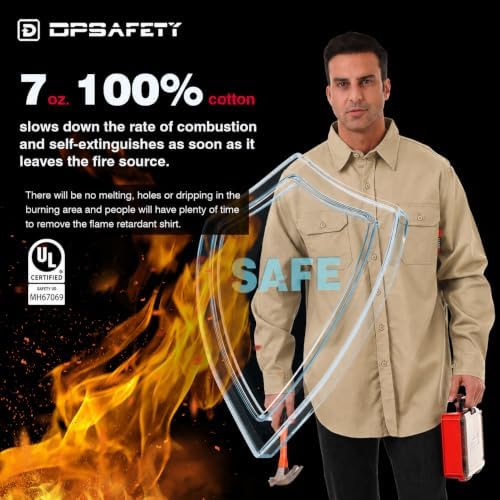 FR Shirt 7oz Fire Resistant Shirts Men's,CAT2 Welding Shirt 100% Cotton Flame Resistant Shirts Khaki (5X-Large)