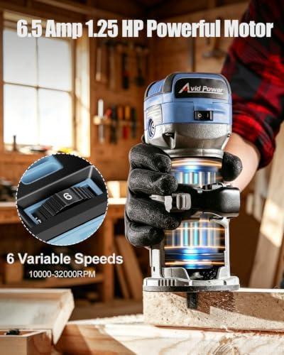 AVID POWER 6.5 Amp 1.25 HP Compact Router Tools for Woodworking, Fixed Base Wood Router with Trim Router Bits, 6 Variable Speeds, Edge Guide, Roller Guide, Dust Hood (Blue, 65mm)