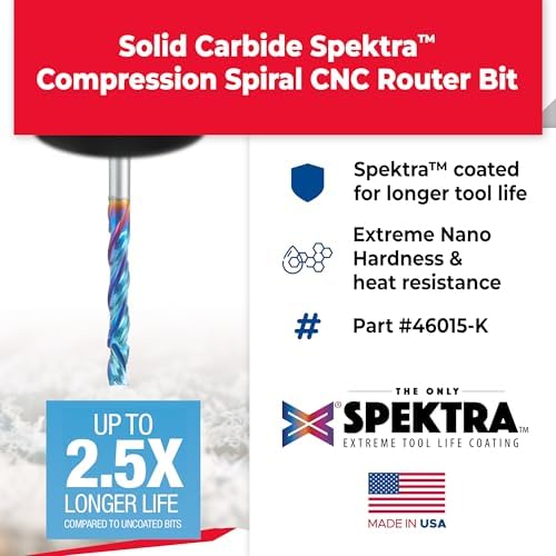 Amana Tool Spektra Extreme Tool Life Solid Carbide CNC Compression Spiral Router Bit, 46015-K, 1/8 D x 13/16 CH x 1/8 Shank x 2-1/2 Inch Long 3 Flute