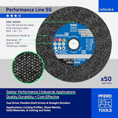 PFERD SG STEELOX Type 1 Die Grinder Cut-Off Wheel, 3" x 0.035" x 3/8", Aluminum Oxide, 60 Grit, 25,000 RPM – Die Grinder Discs for Metal Cutting (Pack of 50) – Part 69303