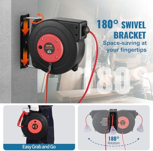 VEVOR Retractable Extension Cord Reel, 45 FT, Heavy Duty 12AWG/3C SJTOW Extension Power Cord with Lighted Triple Tap Outlet, 15A Circuit Breaker 180° Swivel Bracket for Ceiling or Wall Mount, Red