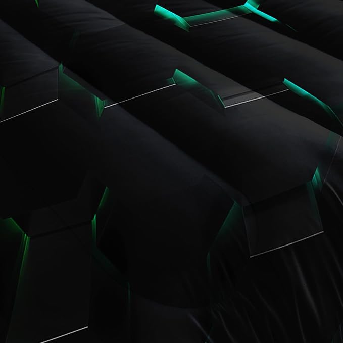 Geometric Green Black Neon Comforter Set,Light Honeycomb 3 Piece Bedding Set King for Teen Boys,Modern Bedding Quilt Set Geometry Decor,Microfiber Lightweight 1 Comforter 2 Pillowcases All Season