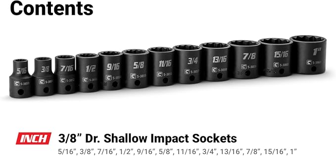 Capri Tools 3/8 in. Drive Shallow Impact Socket Set, 12-Point, SAE, 5/16 to 1 in., 12-Piece