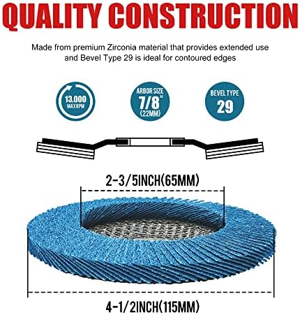 EZARC Zirconia Flap Discs 40/60/80/120 Grit, 4-1/2 x 7/8, Type 29, 20-Pack