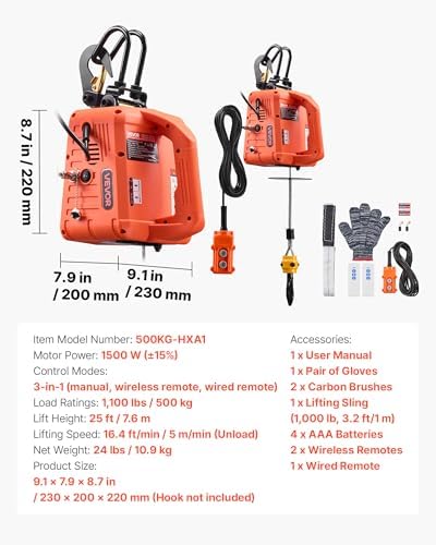VEVOR 3-in-1 Electric Hoist Winch, 1100 lbs Capacity, 1500W Portable Electric Power Winch, 25 ft Lifting Height, 16.4 ft/min with Manual, Wired & Wireless Remote Control for Factory, Warehouss, Garage