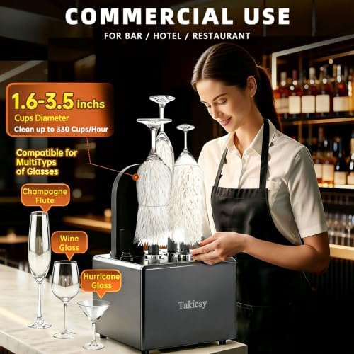 Commercial Glass Polisher Machine with 6 Microfiber Brushes, 330 Cups/Hour, 136℉ Warm Air Drying & LFGB Certified Heads, Stainless Steel Build for Wine Beer Glasses in Bar (Black SS)