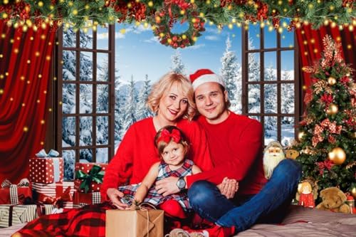 7x5ft Christmas Window Backdrop for Photography Winter Wonderland Snow Mountain Christmas Tree Photo Background Xmas Theme Holiday Party Decorations Banner Family Photo Shoot Background