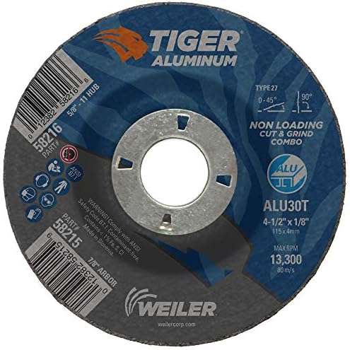 Weiler 58215 4-1/2 x 1/8 Tiger Aluminum Type 27 Cut Off/Grind Combo Wheel ALU30T 7/8 A.H. (Pack of 25)