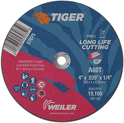 Weiler 57075 4-Inch Cutting Wheel, Tiger AO Steel/Metal Long Life, Performance Cutting, 0.035" A60T Type 1 1/4" Arbor (Pack of 25)