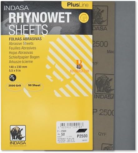 Indasa 50 PCS 5.5x9” Wet & Dry Rhynowet Sandpaper 2500 GRIT Half Sheets – Silicon Carbide Abrasive for Auto, Wood, Metal, Paint & Coat Finishing – Sand Paper, Plusline, Abrasive Sandpaper, Plusline