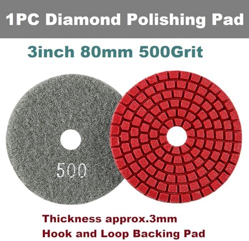 Diamond Polishing Pad, 3 inch 80 mm 500 Grit Sanding Discs for Grinder & Polisher, Hook and Loop Backing Pad for Grinding Buffing Granite Marble Concrete Stone (1 Piece)