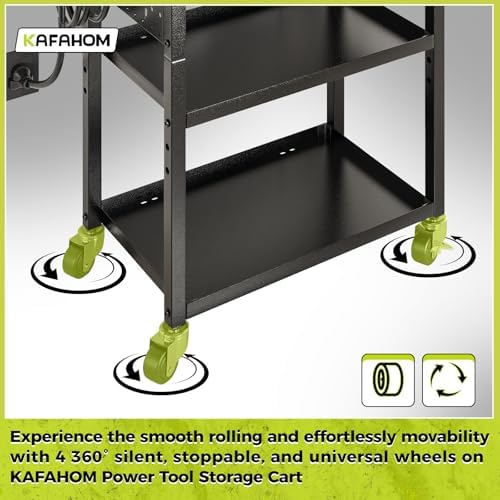 KAFAHOM Power Tool Cart with Charging Station, Rolling Cart with Drawer, Heavy Duty Power Tool Organizer with 360 Silent Wheels, Storage for Garage, Warehouse & Repair Shop