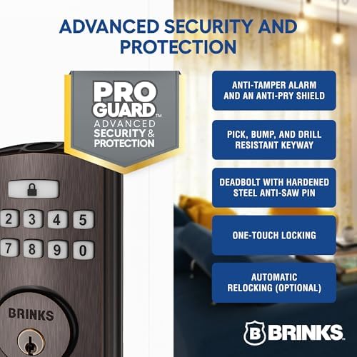 Brinks Fingerprint Door Lock with Lever – Keyless Entry Biometric Lock, Electronic Keypad Fingerprint Deadbolt with Auto-Locking, Front Door Lock and Interior Lever Set, Tuscan Bronze