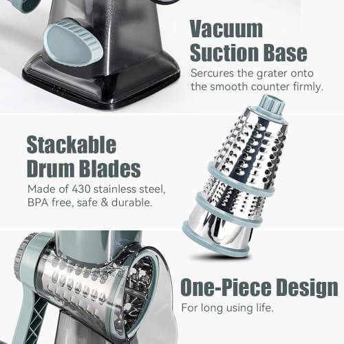 KEOUKE Rotary Cheese Grater Hand Crank Transparent - Shredder Slicer Grinder 3 Stainless Steel Blades, Stable Suction, Labor-Saving Handle, Safe Kitchen Tool for Cheese, Vegetable, Nuts, Chocolate