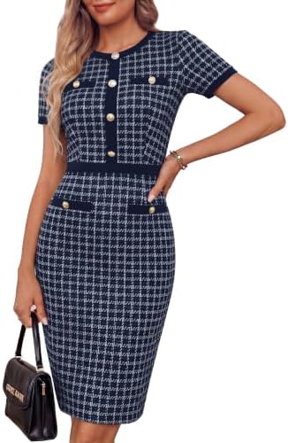 GRACE KARIN Women Work Business Short Sleeve Bodycon Tweed Dress