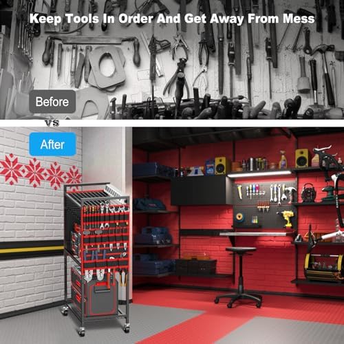 JUNNUJ Power Tool Organizer Cart with Charging Station, 10 FT Cord, Red