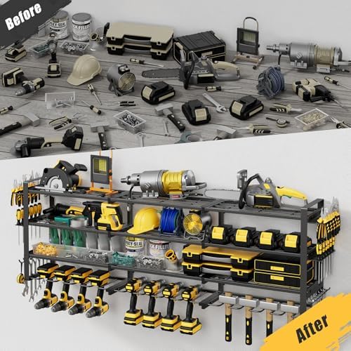 49''W Power Tool Organizer Wall Mount, 650LBS, 4 Tier, 12 Drill Holders
