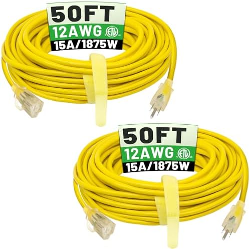 POWGRN 2 Pack 50 FT 12/3 Outdoor Extension Cord Heavy Duty Power Cord