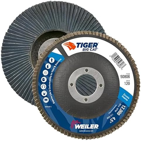 Weiler 50806 Big Cat High Density Abrasive Flap Disc, Type 27, Round Hole, Phenolic Backing, Zirconia Alumina, 4-1/2" Dia., 120 Grit (Pack of 10)
