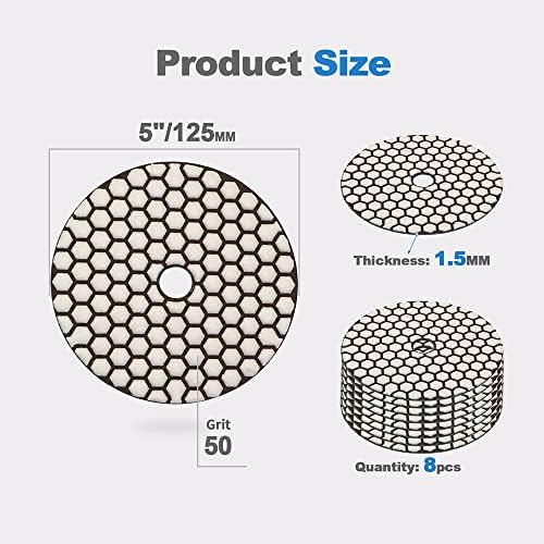 Dry Diamond Polishing Pads - 8pcs 5 inch #50 Sanding Pads Kit for Granite Marble Ceramic Used on Angle Grinder or Polisher