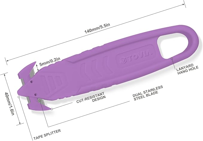 T TOVIA Safety Box Cutter Knife of Recessed Concealed Stainless Steel Blade, Package Opener Plastic Cutter for Box, Carton, Shrink Wrap, Plastic Straps, 10pcs purple