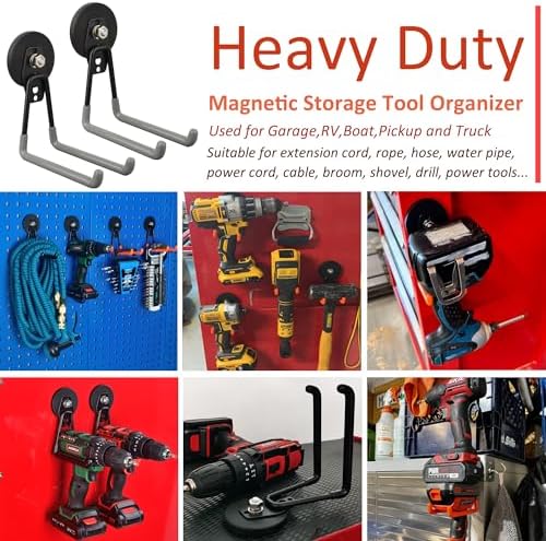 ULIBERMAGNET Magnetic Garage Hook, Cordless Drill Hooks Heavy Duty,Power Tool Organizer,Large Manget with Hooks for Workshop Organization,2 Pack Hook for Drill,Garden Tool(Gray)