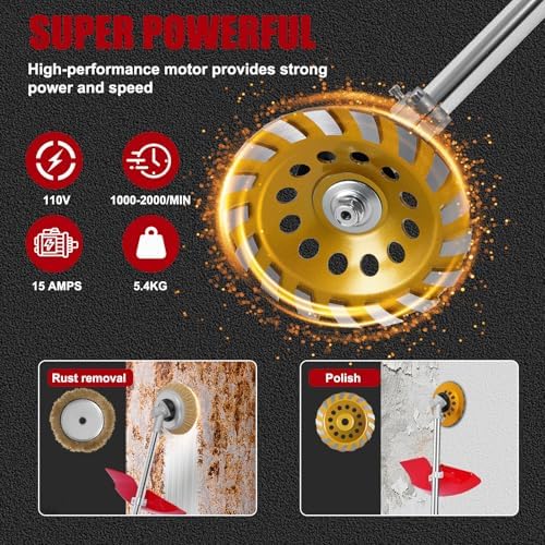 Electric Multifunctional Concrete Grinder & Burnishing Machine 6 Speed Adjustable 110V Heavy Duty Grinder for Floor Polishing,Wall Grinding,Metal Derusting with 180mm Diamond Disc &200mm Wire Brush