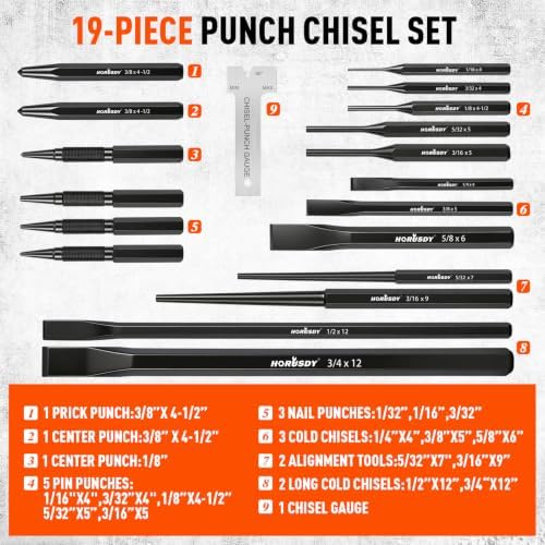 19-Piece Punch and Chisel Set, Pin Punches, Center Punch, Alignment Tools
