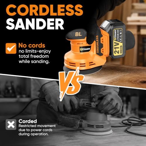 Gisam Cordless Random Orbital Sander with 2*4.0Ah Battery, Brushless Motor