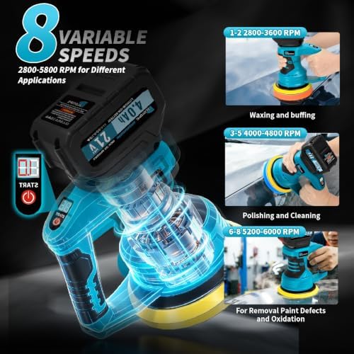 6”Cordless Buffer Polisher Kit,6000RPM High Power Car Polisher with 2 x 4.0Ah Batteries,16PCS Polishing Accessories,Pulidora De Autos with 8 Variable Speed for Car Polishing/Waxing