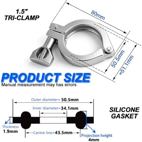 10PCS 1.5" 304 Stainless Steel Tri-clamp, Single Pin Heavy Duty Tri Clamp with Wing Nut Generic Ferrule TC with 10PCS Silicone Gasket (About 110g Each)