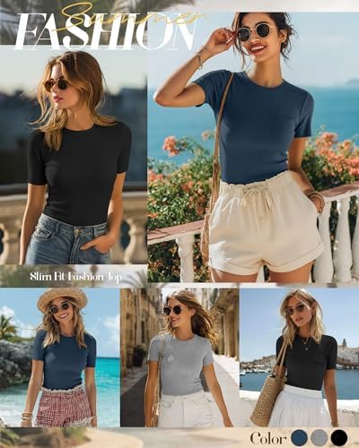 Ficerd 3 Pack Women's Ribbed Short Sleeve T-Shirts