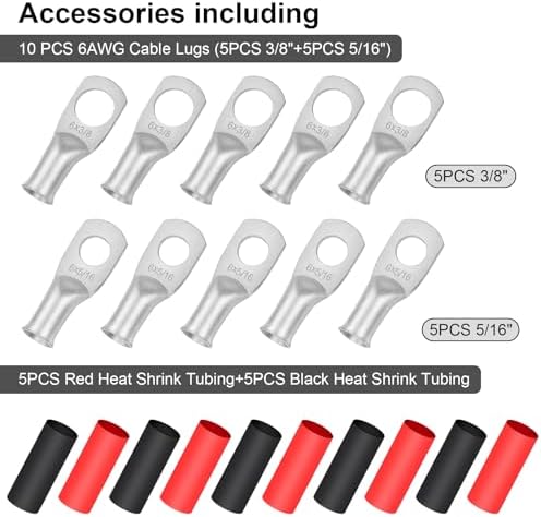 iGreely 6 Gauge 6 AWG Wire 20 Feet Black + 20 Feet Red Welding Battery Pure Copper Ultra Flexible Cable + 5pcs of 5/16" & 5pcs 3/8" Copper Cable Lug Terminal Connectors+Heat Shrink Tubing