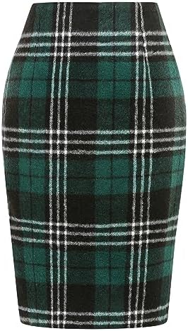IDEALSANXUN Plaid Skirts for Women Fall Winter Knee Length Pencil Wool Skirt with Slit