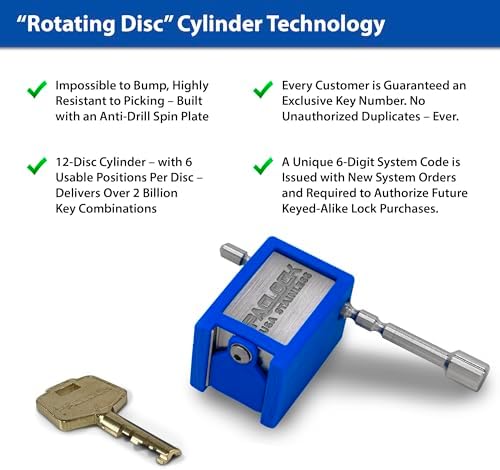 PACLOCK's 79-Series Universal Trailer Lock, High Security Rotating Disc, Exclusive Key Number, 338" Pin for 1UP® Bike Racks, Keyed Differently w/ 1 Key, Blue
