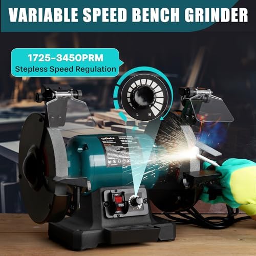 6-Inch Variable Speed Bench Grinder with Grinding Wheel Dresser, 1725–3450 RPM 2.5 Amp Brushless Induction Motor, LED Work Light, Eye Shields, Cast-Iron Base for Sharpening, Grinding & Polishing