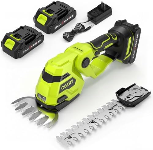 OGERY 21V Cordless Hedge Trimmer & Grass Shears, 2-in-1 Powerful Dual Batteries Electric Bush Trimmer with 8.9” Hedge Blade & 5.1” Grass Trimmer, Adjustable Angle, Lightweight for Garden & Lawn Care