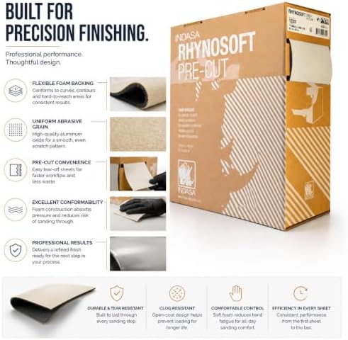 Indasa Rhynosoft Pre-Cut Foam Hand Sanding Pads – Flexible Sponge Sandpaper Sheets for Hand & Machine Sanding – Grits P120 to P1500 – 4.5" x 5.5" Pads – 80 Series – 4.5" x 27.5 yd Roll (400 Grit)