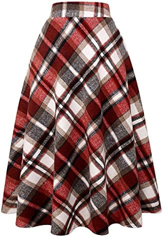 IDEALSANXUN Womens Plaid Wool Skirts Elastic Waist A-Line Pleated Tartan Long Skirts