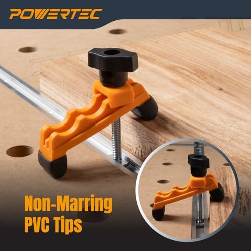 POWERTEC 2PK Adjustable Mini Hold Down Clamps, Multi-Positionable T Track Clamp, Reinforced Plastic Clamps with 1/4”- 20 Steel T Track Bolts for Drill Press, Router Table, CNC Machine & More (71786)
