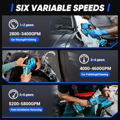 LDHTHOPI 23PCS Cordless Buffer Polisher Kit with 2×2.0Ah Battery & Charger, 10000RPM 1600W High Power Car Polisher with 6 Variable Speed, 17 Buffing Pads for Car Polishing Waxing Detailing