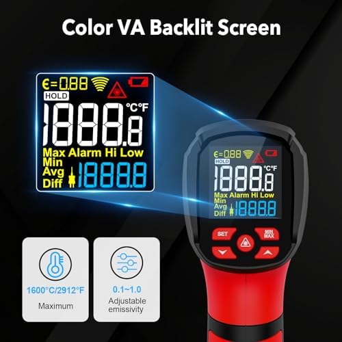 Infrared Thermometer High Temperature Gun -40℉~2912℉, 50:1 Dual Laser Thermometer with Probe 14℉ - 932℉, Digital IR Temp Gun for Cooking, Pizza Oven, Engine, Kiln, Forging, Industrial Use
