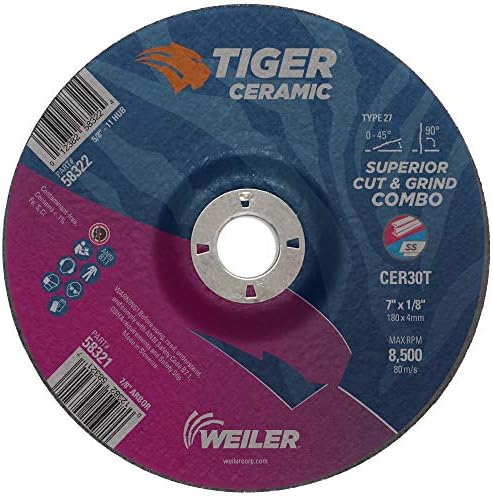 Weiler 58321 7 x 1/8 Tiger Ceramic Type 27 Cut Off/Grind Combo Wheel CER30T 7/8 A.H. (Pack of 25)