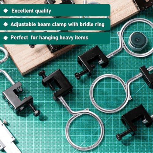 Tandefio 50 Set 1/4"-20 Spring Steel Beam Clamps Metal Beam Hangers Bolt on Clamp with Metal Machine Threaded Bridle Rings for Pipe Cable Woodworking Tool (Black,2 Inch Bridle Rings)