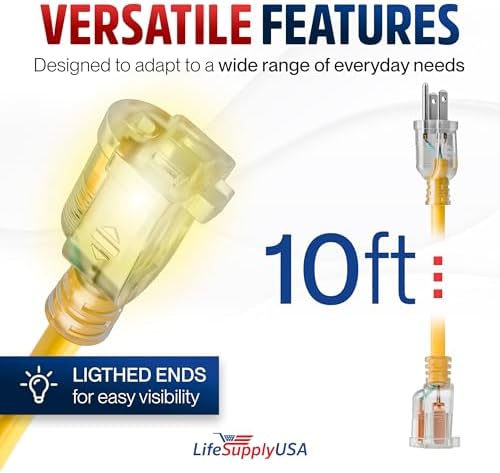 10ft Outdoor/Indoor Extension Cord 10/3 Gauge Ultra Heavy Duty 3 Prong SJTW, Waterproof, Flexible Cold-Resistant Long Power Cord,15A 125V 1875W, Yellow by LifeSupplyUSA