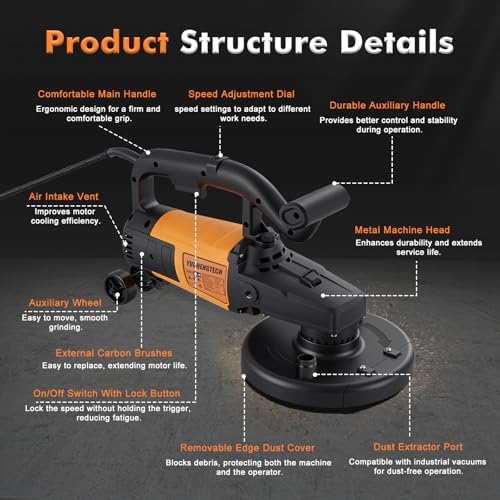 YUCHENGTECH 7 Inch Concrete Floor Grinder with Dust Extraction Shroud 3800W