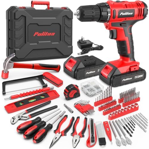 PULITUO Power Drill Tool Kit with 20V Cordless Drill/Driver, Electric Screwdriver, 2 Batteries & Charger, LED Light, 199-Piece Pink Home DIY Tool Set with Toolbox, Drill Set for Women & Men (Red)