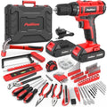 PULITUO Power Drill Tool Kit with 20V Cordless Drill/Driver, Electric Screwdriver, 2 Batteries & Charger, LED Light, 199-Piece Pink Home DIY Tool Set with Toolbox, Drill Set for Women & Men (Red)