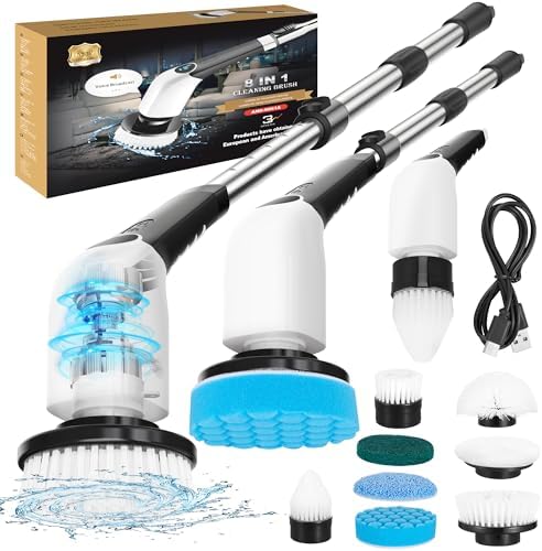 Electric Spin Scrubber,Bathroom Cleaning Brush,Shower Scrubber with Long Handle 8 Replaceable Brush Heads Voice Broadcast 3 Rotating Speeds,Tub Scrubber,Cordless Power Cleaning Brushes Floor Tile